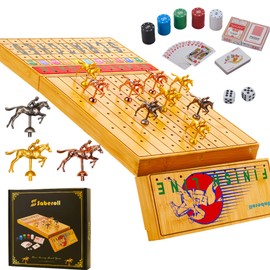 Saberoll Portable Horse Racing Board Game Horse Race Board Game with 11 Metal Horses 2 Dice 2 Decks of Cards and 100PCS Chip(Bamboo)