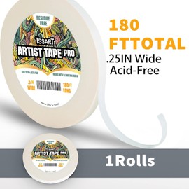 TSSART White Artist Tape Pro - Cinta adhesiva de baja adherencia para dibujo de arte, pintura de acuarela y todos los medios de papel, última intervensión de ácido 1/4 pulgadas de ancho 180 pies de