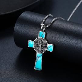 TwoAnts St Benedict Crucifix Necklace 925 Sterling Silver Saint Benedict Cross Necklace Jesus Cross Pendant Necklace Catholic Jewelry Gift for Men Women