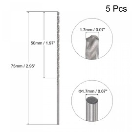 sourcing map Mini Micro Twist Drill Bits 1.7 mm High Speed Steel Straight Shank Extra Long Drill Bit 75 mm for Aluminium Alloy Pack of 5