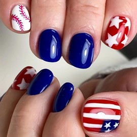 24Pcs Cute 4th of July Press on Nails Short Square Fake Nails with Blue Red White Designs Patriotic False Nails Full Cover Artificial Acrylic Nails Press ons Independence Day Glue on Nails for Women