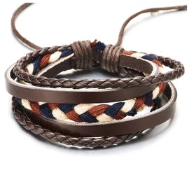 COOLSTEELANDBEYOND Hand-made Men Women Multi-strand Brown Braided Leather Blue White Brown Braided Cotton Rope Bracelet