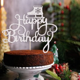 Qertesl - Decoración para tartas de patinaje sobre hielo, cartel de feliz cumpleaños, amante del patinaje sobre hielo, decoración de pasteles de cumpleaños, decoración temática deportiva, decoración de pasteles para niños y niñas (plateado)