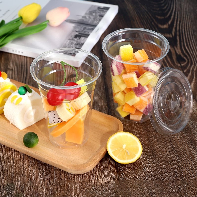 TashiBox Plastic Cups with Flat Lids 100 Sets 16 oz,