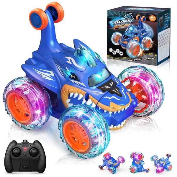 LET'S GO! RC Car Toys for Boys 3+: Shark Remote Control Stunt Cars for 4 5 6 7 8 Year Old Boy Gift 360° Rolling Twister with Lights Outdoor Toy Birthday Gifts for Kids Age 4-8 Toddler Monster Truck