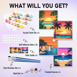 Bowetile 4 Pack Sunset Framed Paint by Numbers for Adults Children, Painting by Numbers Kit for Adults, Beginners Canvas Kits, DIY Acrylic Pigment Drawing Paintwork for Home Decor, 20x20 cm