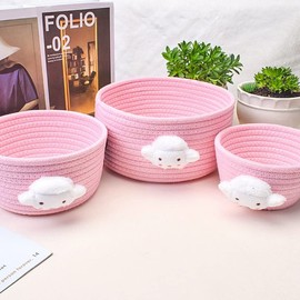Yurosiay Storage Basket, Set of 3, Handmade Braided Basket, Cotton Rope, Cute Toy Baskets, Storage Boxes, Multi-Purpose Baskets, Storage, Cotton Knitted Basket for Home, Office, Pink