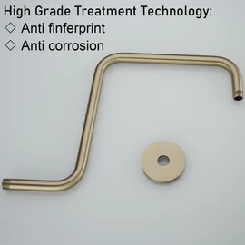 RANDOM 16 inch Brushed Gold Shower Head Riser Pipe,S Shaped Shower Arm SUS304 Stainless Steel Shower Head Extension Arm with Flange,Standard 1/2" Connection.RD-91058-16BG