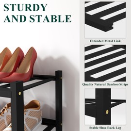 Smiry Bamboo Shoe Rack for Closet, 3 Tier Long Wooden Stackable Shoe Organizer, Free Standing Shoes Storage Shelf for Entryway, Front Door Entrance, Black