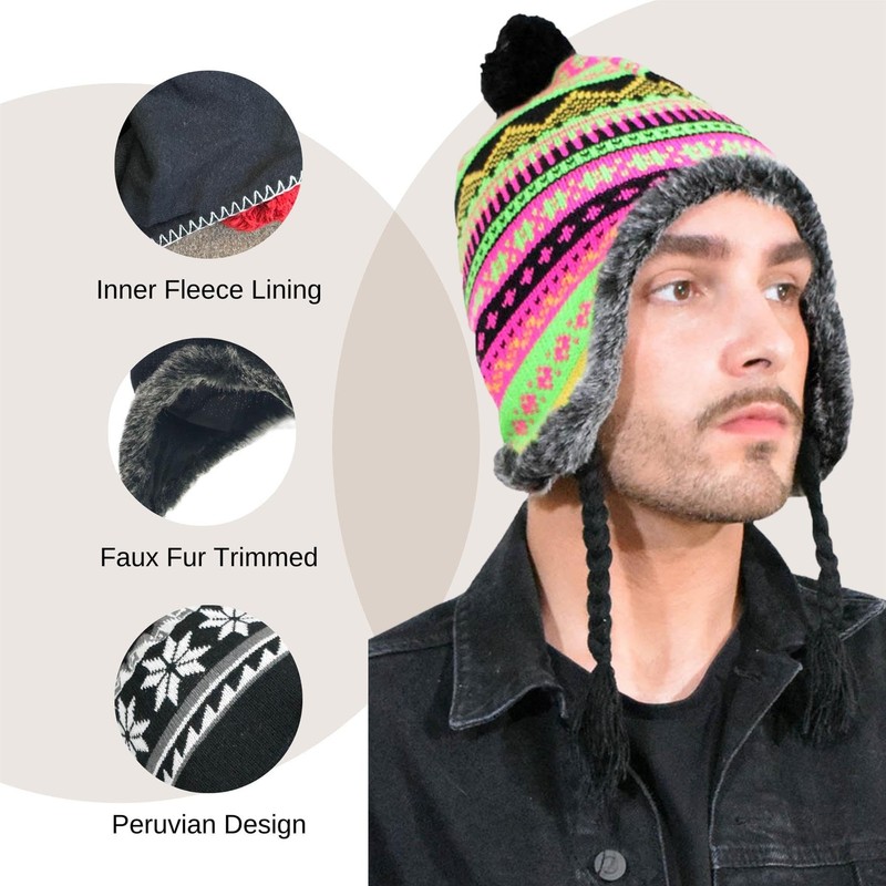 Basic Sense Peruvian Winter Hats with Tassle Snowflake Fleece-Lined Warm