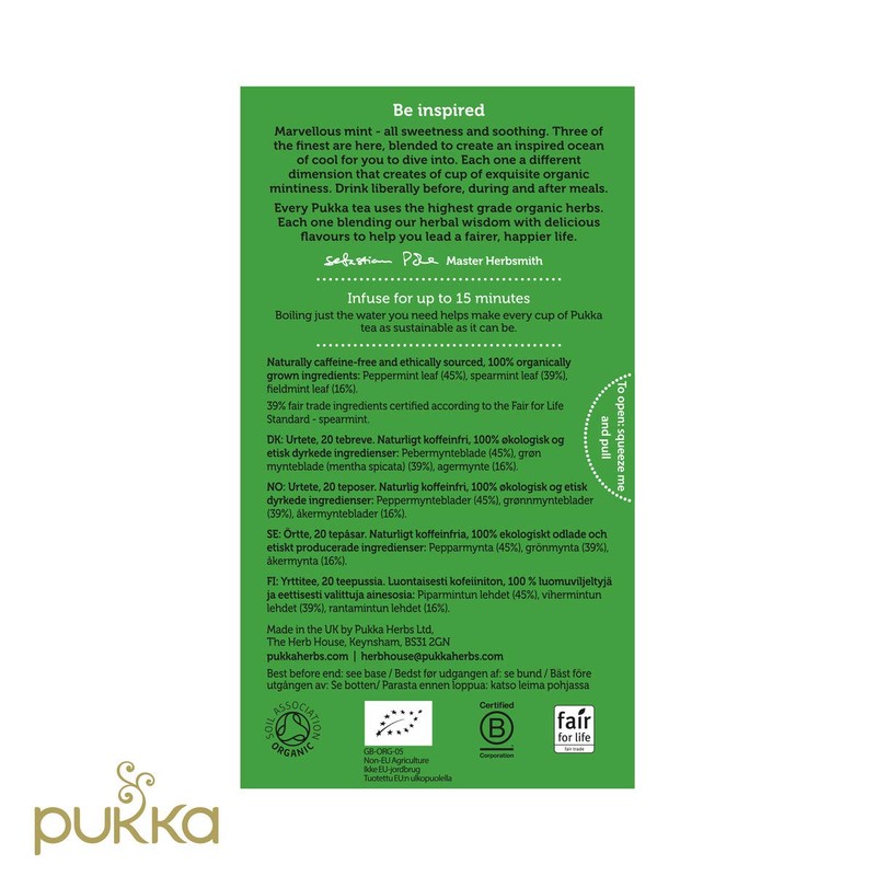 Pukka Organic Tea Bags, Three Mint Herbal Tea, 20 Tea
