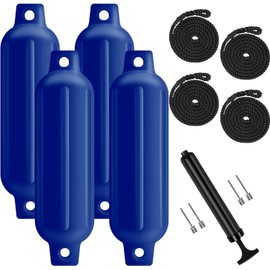 Turmaster Boat Fenders 4 Pack 6.5'' x23'', Ribbed Twin Eyes Boat Fenders Bumpers for Docking, Inflatable Marine Boat Bumper with 4 Ropes, 4 Needles and 1 Pump，Blue