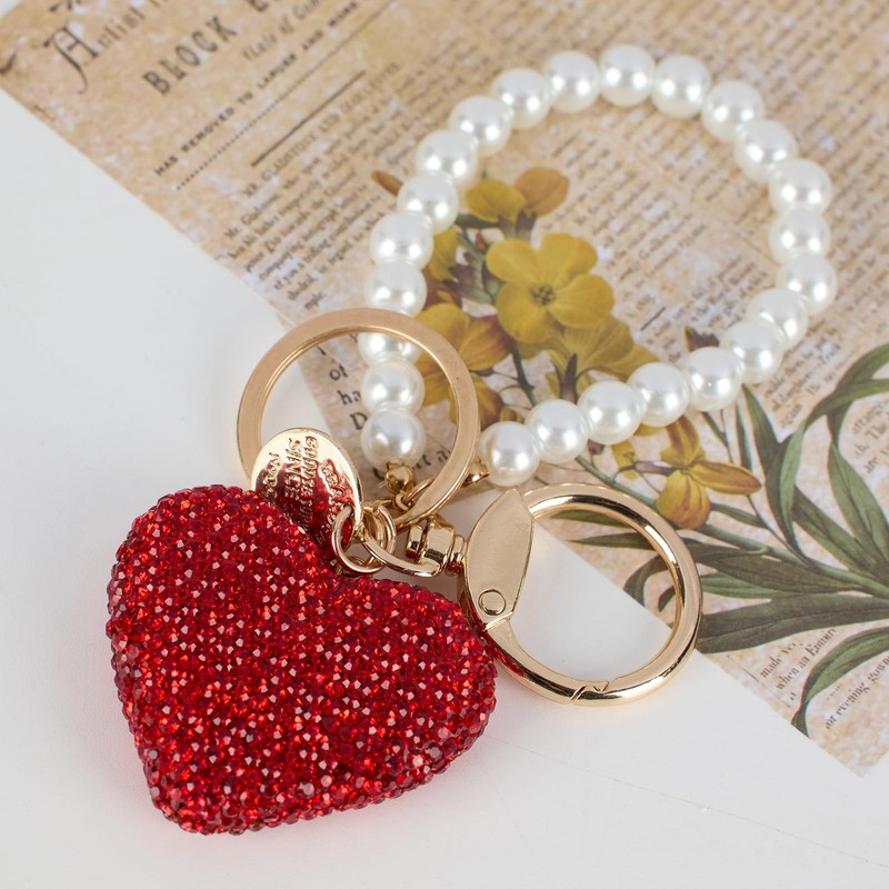 Lednica Car Keychain for Women, Bling Rhinestone Heart Pearl Car