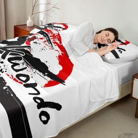 Boys Taekwondo Bed Sheet Set Queen Super Soft,Kids Teens Japanese Sports Bedding Sets for Bedroom Decor,Black White Striped Waistband Decor Fitted Sheet + Flat Sheet + 2 Pillow Cases