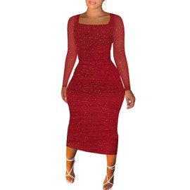 MOEENCN Women Ruched Bodycon Midi Dress Mesh Stretch Long Sleeve Elegant Square Neck Club Party Dresses Sequin Red XXL