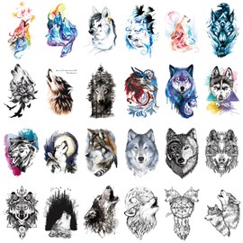 Gwolf 24 Sheets Wolf Tattoo Temporary Personality Wolf Tattoo Sticker New Environmental Protection Waterproof Flower Arm Tattoo Sticker Realistic 3D Animal Pattern Tattoo Paper