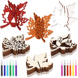 Blosssound 48 Pcs Fall Craft Set 36 Wood Maple Leaf Crafts 3D Maple Leaf Cutouts with 12 Colored Markers Wooden Unfinished Slices to Paint for Thanksgiving Autumn DIY Handmade Tiered Tray Table Decor