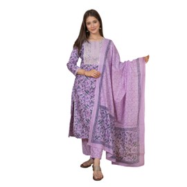 Meera Fab Women's Cotton Printed Purple Printed Straight Embroidery Kurta With Palazzo & Dupatta Set XX-Large Lavender
