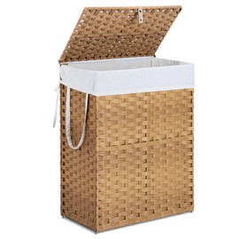 Elevon 90L Laundry Basket with Lid, Hand-Woven Pp Rattan Laundry Hamper with Compartments & Handles, Foldable, Large Capacity Clothes Basket with Removable Liner for Bathroom, Yellow
