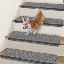 Bullnose Stair Treads Non Slip 9.5" x 32", 7 Pcs Carpet Stair Treads for Wooden Steps Indoor with Edge Protection, Reusable Peel and Stick TPU Backing Stair Runner Rugs - Lattice Pattern Grey