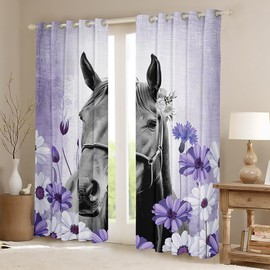 Feelyou Girls Horse Curtain for Bedroom for Horse Lover (2 Panels, 42x63 Inch) Farmhouse Daisy Floral Blackout Curtain (30%-50%) 3D Horse Flower Darkening Curtain Purple Abstract Window Treatments