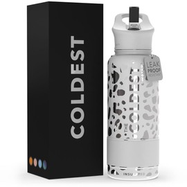 Coldest Sports Water Bottle - (Straw Lid), Leak Proof, Vacuum Insulated Stainless Steel, Hot Cold, Double Walled, Thermo Mug, Metal Canteen (32 oz, Silver Leopard)
