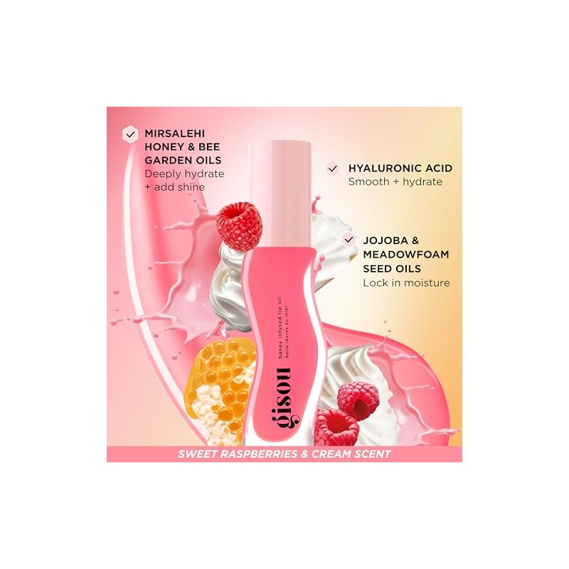 Gisou Aceite Labial Hidratante con Infusión de Miel, Raspberry Swirl
