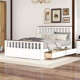 Queen Size Wood Platform Bed Frame for Boys Girls Kids Adults Toddler with Two Drawers and Wooden Slat Support,White+Walnut