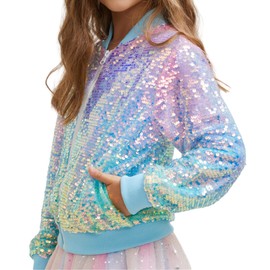 Onedema Girl Pre-Teens Gradient Jackets Sparkly Purple Green Sequin Costume Long Sleeve Zipper Rainbow Outfit with Pocket 6 7 Years Old