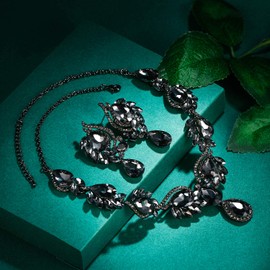 Ever Faith Bridal Crystal Black Rhinestone Wedding Floral Leaf Teardrop Necklace Pierced Earrings Set for Women Girls