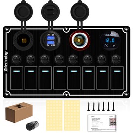 8 Gang Marine Switch Panel Waterproof,Boat Rocker Switch Panel with Dual USB Charger & Voltmeter,Aluminum Toggle Switch Panel for Marine Automotive Truck RV Trailer Trucks,12/24V Black