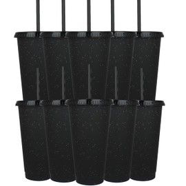 Yisituo 24 oz Reusable Plastic Cups, 10 Pack Cold Cups with Lid and Straw, Tumblers Travel Mugs for Adults and Kids Party and Beach, Pool Gatherings (10, Black)