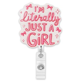 Cute Pink Bow Badge Reel Retractable Clip Nurse Teacher Social Worker Badge Reel Gifts for Women I'm Literally Just A Girl Badge Holder Work Office Alligator Clip Badge Accessories