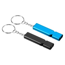 PATIKIL Emergency Survival Whistle, 2 Pack Double Tubes Whistles Super Loud Aluminum Whistles with Lanyard Keychain for Outdoor Camping Hiking, Black, Light Blue