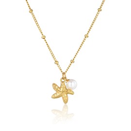 Eigso Gold Stainless Steel Beaded Necklace for Women Starfish Pearl Necklaces for Woman Chain Link Jewelry