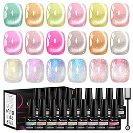 MTSSII 18PCS Cat Eye Gel Nail Polish Set with Magnet, Sea Spirit Magic Cateye Gel Polish Pink Green Blue Yellow Glitter Shinny Magnetic Nail Polish Soak Off LED Manicure Nail Art