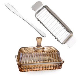 Champagne Crystal Glass Butter Dish with Lid - 6.7in Glass Container (Includes Butter Knife & Cutter)