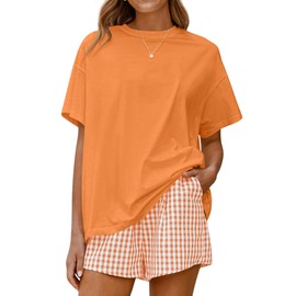 LOGENE Women Two Piece Lounge Pajamas Set T-Shirts & Boxer Plaid Shorts 2025 Summer Casual Loungewear Comfy Outfits Orange Plaid XL