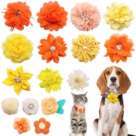 BIPY 16PCS Dog Collar Flowers and Bows Fake Pearls Rhinestone Collar Charms Slides for Dogs Cats Puppy Small Medium Dog Spring Summer Wedding Birthday Party Grooming Accessories (Yellow)