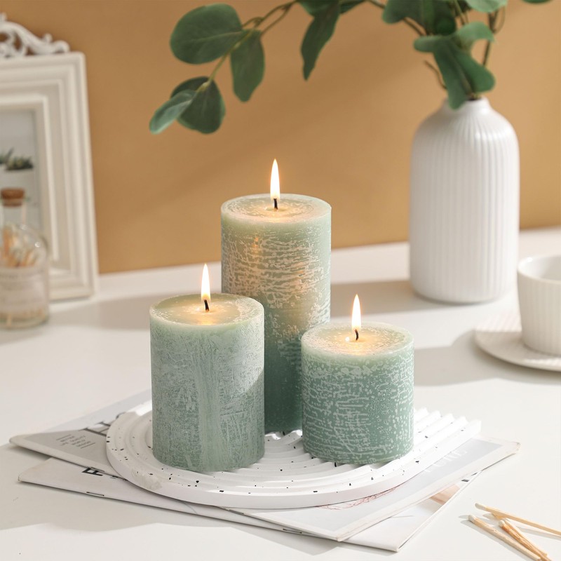 3x4 Inch Sage Green Pillar Candles - Set of 3,
