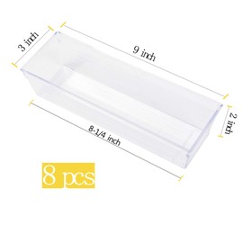 Backerysupply Clear Plastic  Drawer Organizer Tray for Vanity Cabinet (9"×3"×2"，Set of 8),Storage Tray for Makeup, Kitchen Utensils, Jewelries, and Gadgets