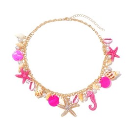 Shell Starfish Necklace for Women Conch Shell Starfish Pearl Necklace Seahorse Necklace Bohemian Chunky Choker Necklace Sea Shell Pearl Choker Collar Neck Mermaid Costume Jewelry Beach Jewelry (Pink)