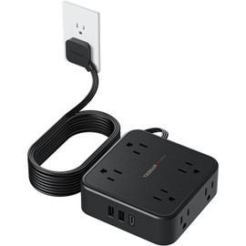 Flat Plug Power Bar, TESSAN 10 Ft Extension Cord Indoor with 8 Multi Outlets and 3 USB (1 USB C), Surge Protector Power Strip, Wall Mount Charging Station for Home Office Dorm, Pure Black
