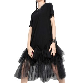 ellazhu Women's Casual Short Sleeve Crew Neck Tutu Tulle Dress with an Oversized Fit GY2266 Black L