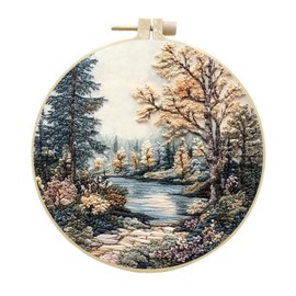 IUHUI Embroidery Kit for Beginners Adults - Colourful Mountain Scenery Patterns, DIY Hand Stitching Embroidery Set with Hoop (Autumn Woods Stream)