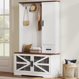 YITAHOME Hall Tree with Bench and Shoe Storage, Modern Entryway Hall Tree, Storage Bench with Shoe Cabinet, Coat Hooks & Drawer for Entryway & Mudroom, Walnut & Off-White