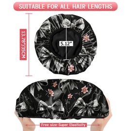 Deokke Luxury Shower Cap Terry Lined Elastic Triple Layer Waterproof Reusable Dry Hair Bathing Caps Aesthetic Cute for Women Girls-Grey black Bowknot