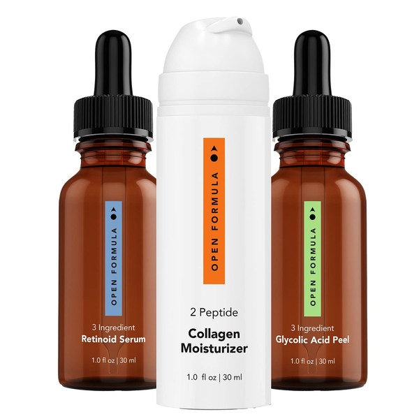 Open Formula Anti-aging Super Set. Glycolic Acid Peel + Retinoid Serum + Collagen Peptide Moisturizer. For Dark Spots & Melasma, Lines & Wrinkles, Loose & Sagging Skin. 3 Products, 3 Minutes To Apply