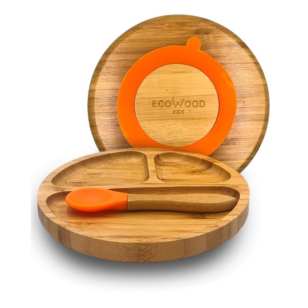 Ecowood® Plato Extendido de Bambú con Divisiones para Bebe y Niño - Con Base de Silicona Succión Adherente y Antiderrapante (Naranja)