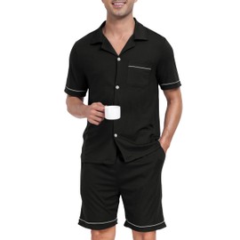 MoFiz Men's Cotton Pajama Set Sleepwear Shorts Summer Sleep Sets Cardigan Black S